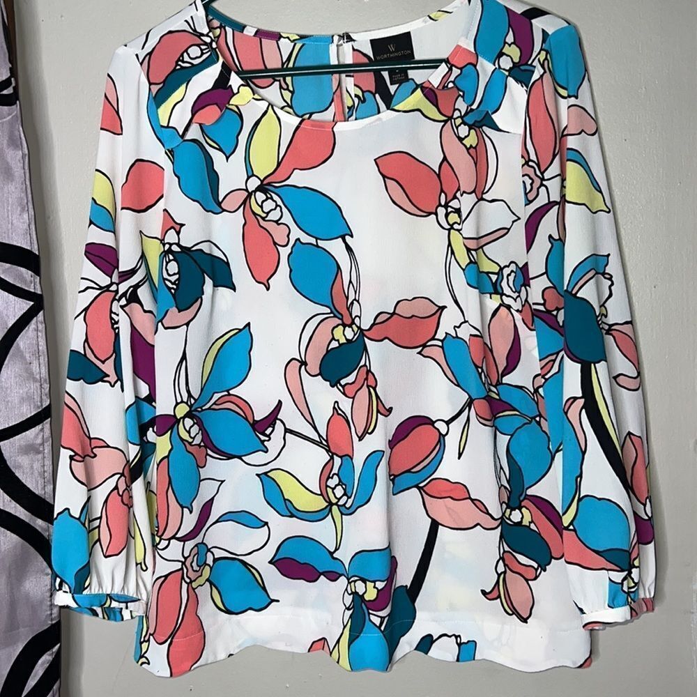 Worthington Blouse Woman’s Large 3/4 Sleeve Floral - Picture 4 of 10